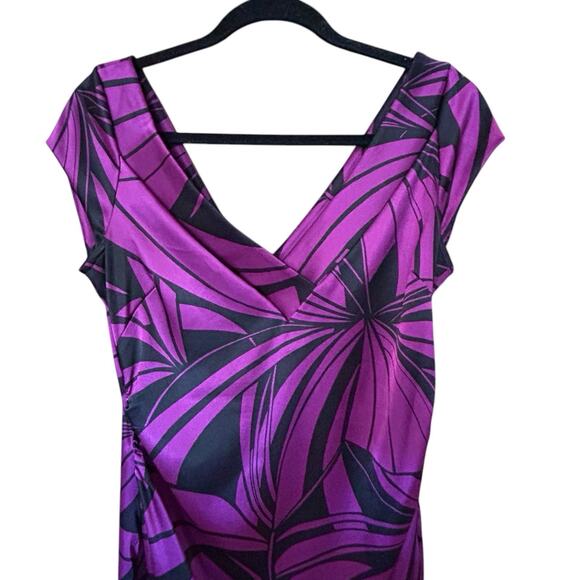 MAGGY LONDON Women’s Purple Black Sheath Ruched Midi Cocktail Dress Size 10 - Picture 2 of 15